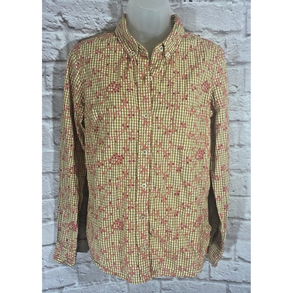 Odille Anthropologie 10 Eyelet Embroidered Gingham Plaid Button Front Shirt Top
